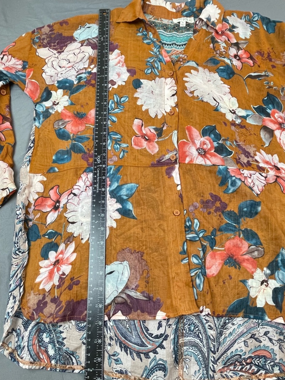 Umgee Ladies Size XL Brown Semi Sheer Rolled Tab Sleeve Floral Button Up Blouse - Picture 6 of 7